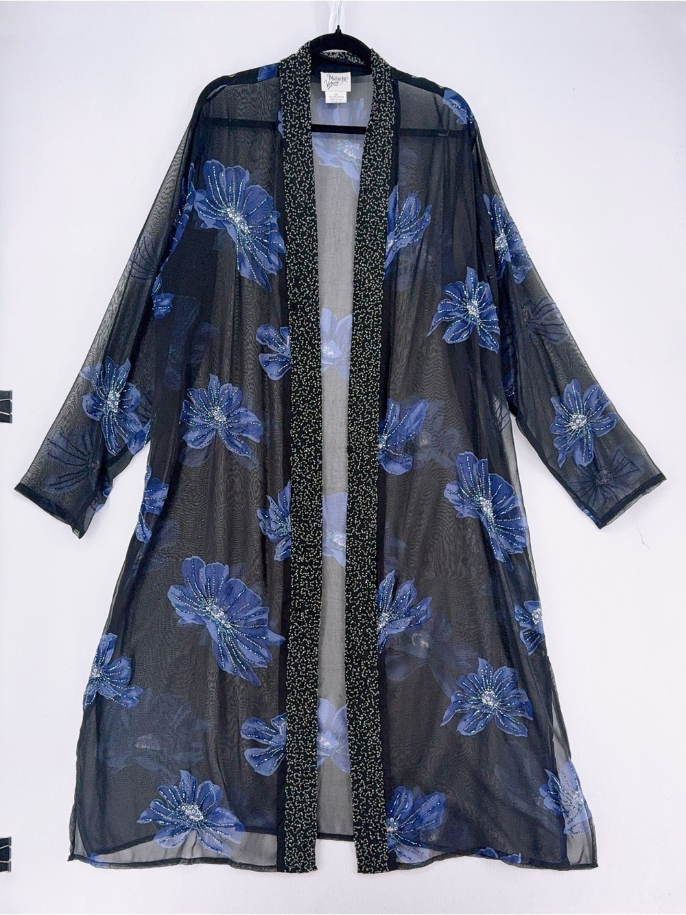 Vintage Midnight Velvet Elegant Black and Blue Beaded Floral Sheer Robe 2X